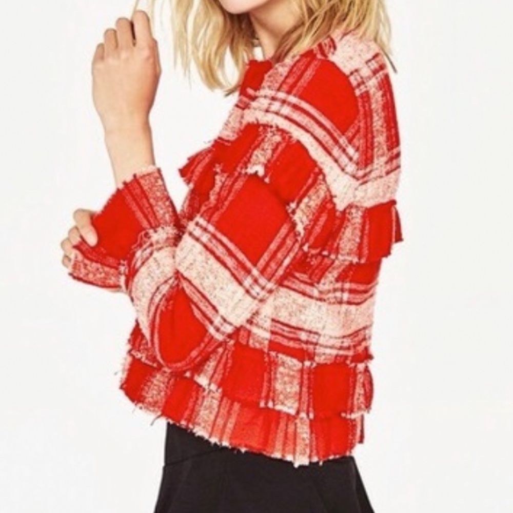 Red Tweed Crop Jacket - Checkered Pattern - image 7